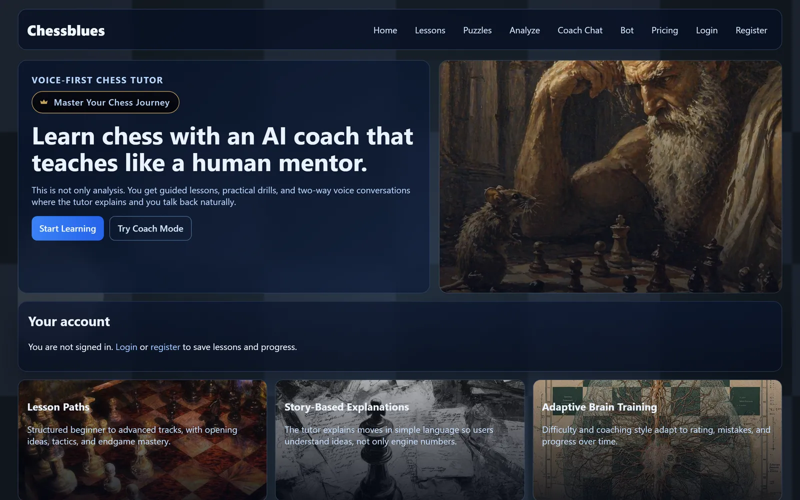 The Chess Blues homepage: an AI chess tutor that teaches like a human mentor